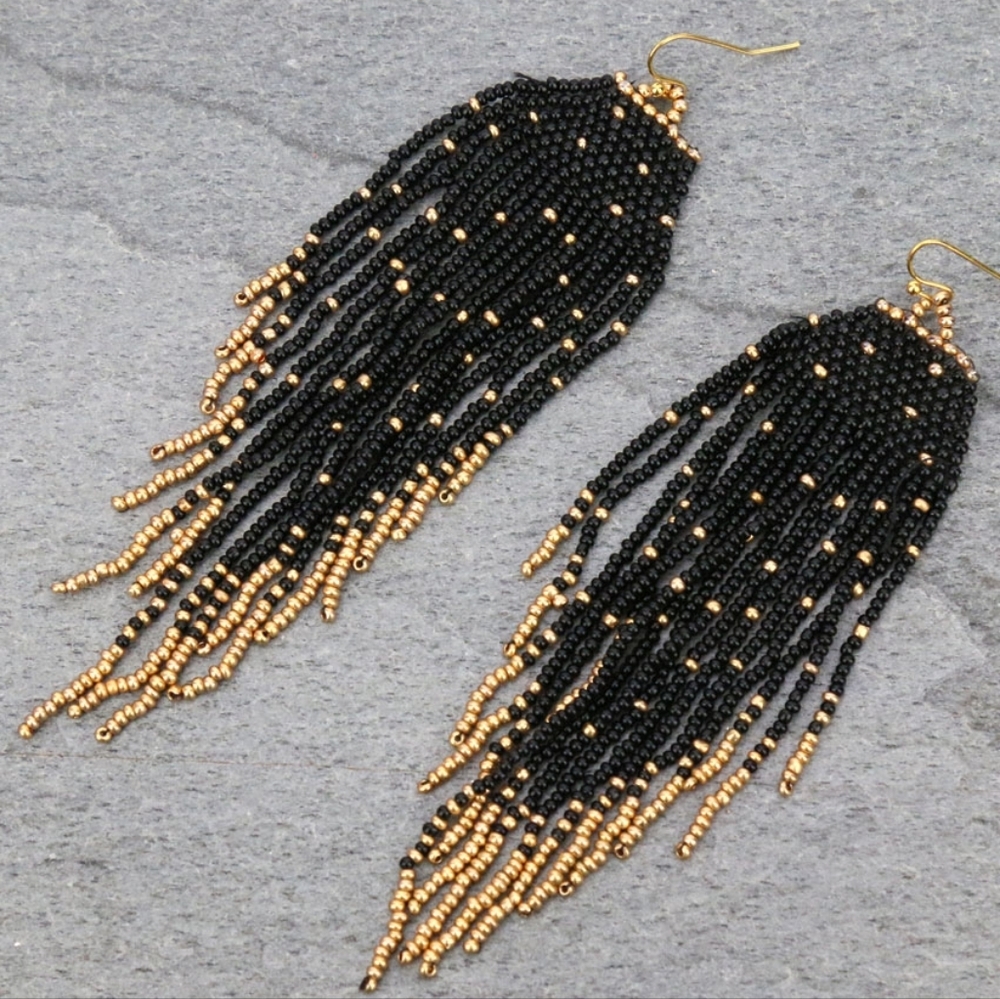 NWT Black Elegant Boho Black and Gold Beaded Fringe Earrings